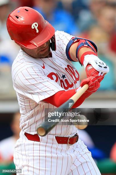 Philadelphia Phillies infielder Whit Merrifield at bat during the spring training game between the Minnesota Twins and the Philadelphia Phillies on...