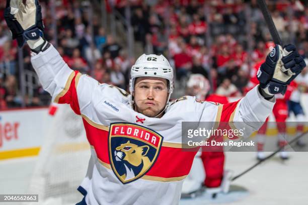 Brandon Montour of the Florida Panthers celebrates his goal during the second period against the Detroit Red Wings at Little Caesars Arena on March...