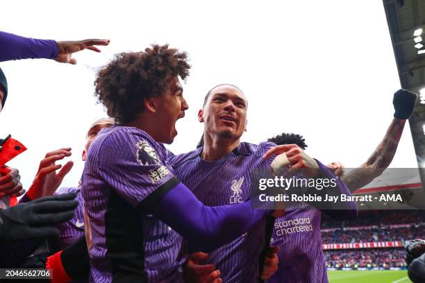 Darwin Nunez of Liverpool celebrates after scoring a goal to make it 0-1 during the Premier League match between Nottingham Forest and Liverpool FC...