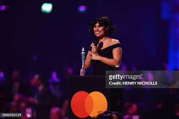 British singer-songwriter Rachel Keen, known as Raye speaks after receiving the New Artist of the year award during the BRIT Awards 2024 ceremony and...