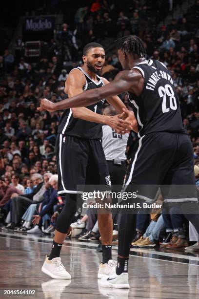 Mikal Bridges of the Brooklyn Nets celebrates during the game against the Atlanta Hawks on March 2, 2024 at Barclays Center in Brooklyn, New York....