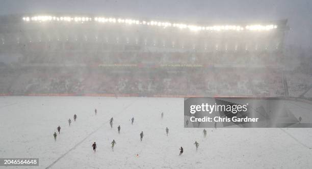 General view is seen of game action between the Los Angeles Football Club and Real Salt Lanke as Heavy snow falls during the first half at the...