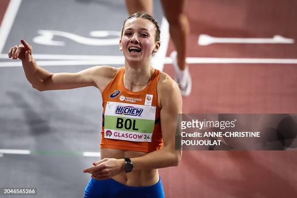 First-placed Netherlands' Femke Bol crosses the finish line to win the Women's 400m final during the Indoor World Athletics Championships in Glasgow,...