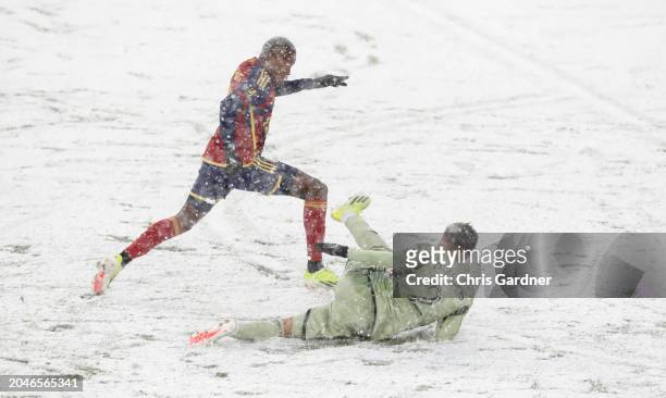 Andres Gomez of Real Salt Lake pushes past Omar Campos of the Los Angeles Football Club during the first half of their game at the America First...