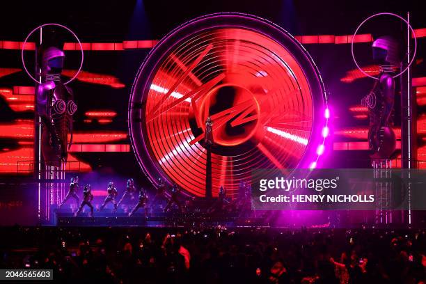 Australian singer Kylie Minogue performs on stage during BRIT Awards 2024 ceremony and live show in London on March 2, 2024. / RESTRICTED TO...
