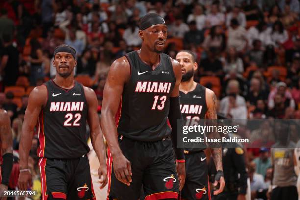 Bam Adebayo of the Miami Heat looks on during the game against the Utah Jazz on March 2, 2024 at Kaseya Center in Miami, Florida. NOTE TO USER: User...