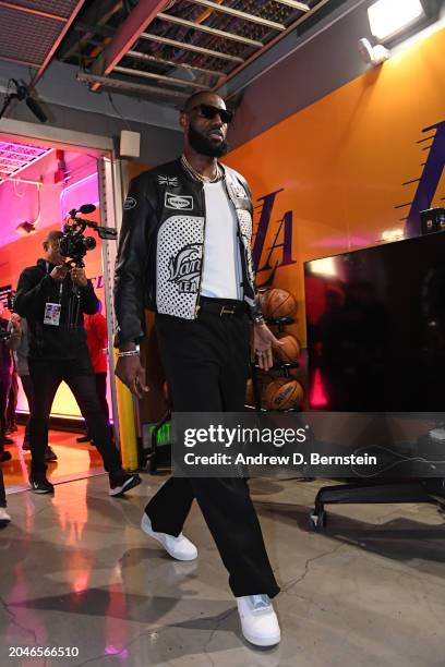LeBron James of the Los Angeles Lakers arrives to the arena before the game against the Denver Nuggets on March 2, 2024 at Crypto.Com Arena in Los...