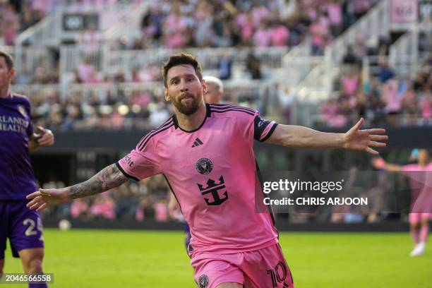 Inter Miami's Argentine forward Lionel Messi celebrates after scoring his second goal during the MLS football match between Orlando City and Inter...