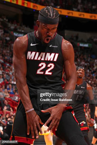 Jimmy Butler of the Miami Heat celebrates during the game against the Utah Jazz on March 2, 2024 at Kaseya Center in Miami, Florida. NOTE TO USER:...