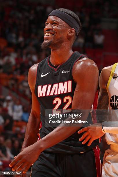 Jimmy Butler of the Miami Heat smiles during the game against the Utah Jazz on March 2, 2024 at Kaseya Center in Miami, Florida. NOTE TO USER: User...