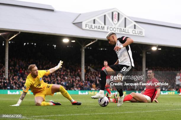 Harry Wilson of Fulham is closed down by Brighton & Hove Albion goalkeeper Jason Steele during the Premier League match between Fulham FC and...