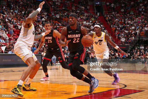 Jimmy Butler of the Miami Heat drives to the basket during the game against the Utah Jazz on March 2, 2024 at Kaseya Center in Miami, Florida. NOTE...