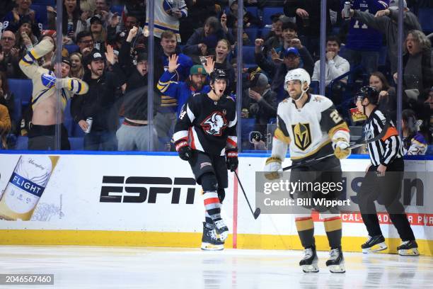 Dylan Cozens of the Buffalo Sabres reacts after scoring a shorthanded goal against the Vegas Golden Knights during an NHL game on March 2, 2024 at...