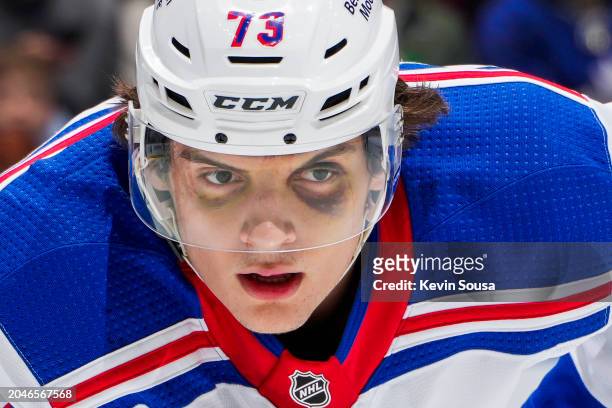 Matt Rempe of the New York Rangers looks on against the Toronto Maple Leafs during the first period at Scotiabank Arena on March 2, 2024 in Toronto,...