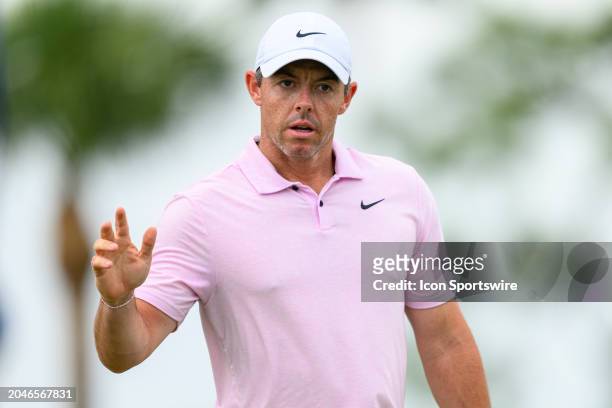 Rory McIlroy of Northern Ireland waves to the fans at the tenth hole during the third round of Cognizant Classic in The Palm Beaches at PGA National...
