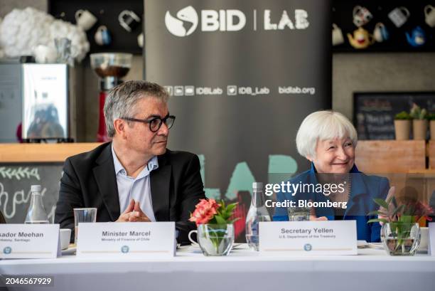 Janet Yellen, US Treasury secretary, right, and Mario Marcel, Chile's finance minister, meet with Aster Accelerator startup founders at the Ruinas de...