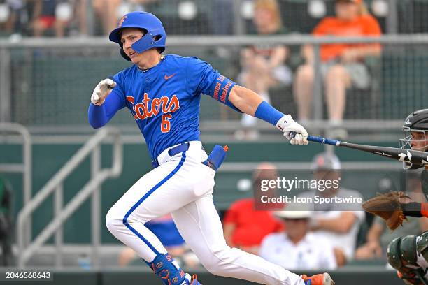 Florida infielder/outfielder Tyler Shelnut bats in the sixth inning as the Miami Hurricanes faced the Florida Gators on March 2 at Mark Light Field...