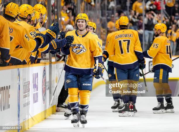 Tommy Novak of the Nashville Predators celebrates his goal against the Colorado Avalanche during an NHL game at Bridgestone Arena on March 2, 2024 in...