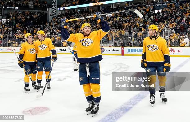 Jeremy Lauzon of the Nashville Predators celebrates a 5-1 win against the Colorado Avalanche during an NHL game at Bridgestone Arena on March 2, 2024...