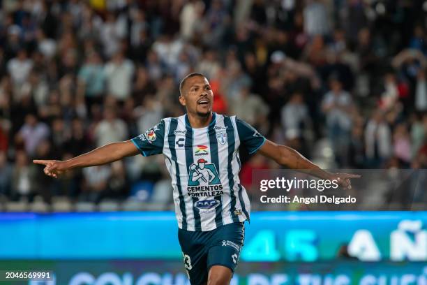 José Salomón Rondón of Pachuca celebrates after scoring the team's third goal during the 10th round match between Pachuca and FC Juarez as part of...