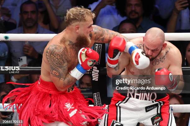 Jake Paul punches Ryan Bourland during their cruiserweight fight at Coliseo de Puerto Rico on March 2, 2024 in Hato Rey, Puerto Rico.