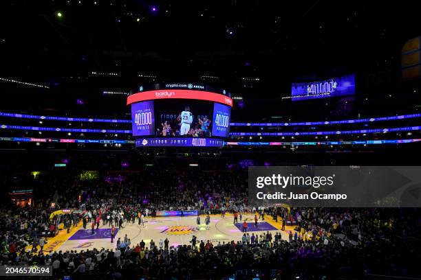 View of the Jumbotron honoring LeBron James of the Los Angeles Lakers after scoring his 40,000th career point during the game against the Denver...