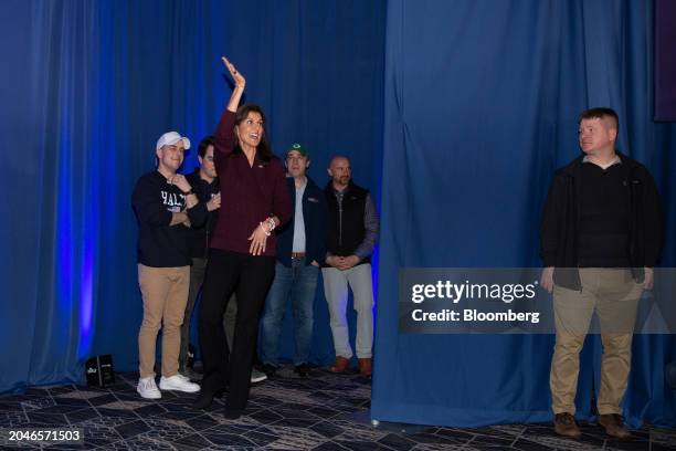 Nikki Haley, former governor of South Carolina and 2024 Republican presidential candidate, center left, arrives for a campaign event in Needham,...