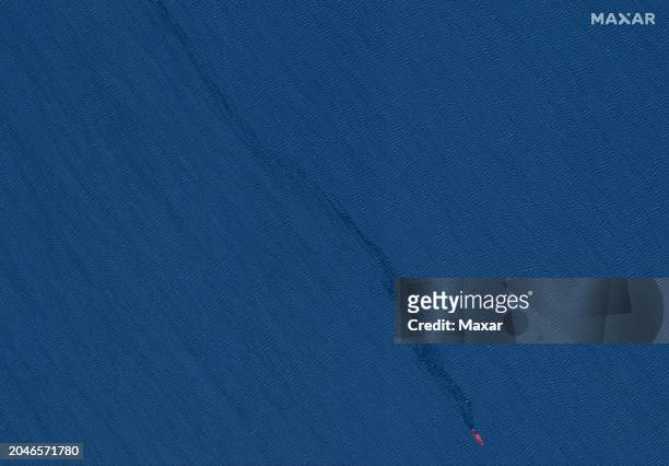 Maxar overview satellite imagery of the cargo ship Rubymar and its oil slick - just before sinking after being targeted by Houthi rebels last month....