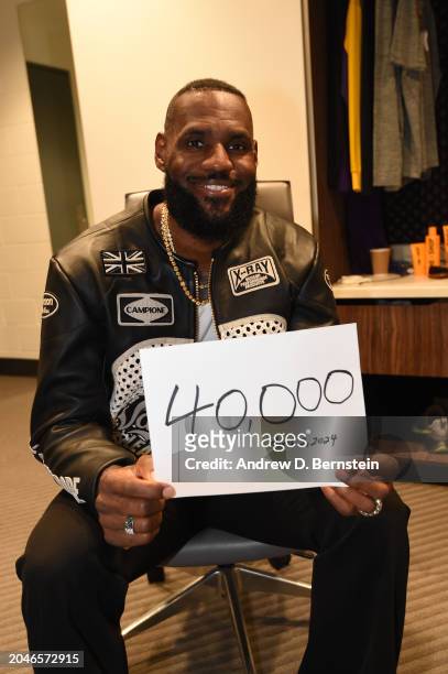 LeBron James of the Los Angeles Lakers is honored for scoring his 40,000th career points during the game against the Denver Nuggets on March 2, 2024...