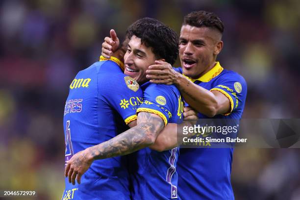 Alejandro Zendejas of America celebrates after scoring the team's fourth goal during the 10th round match between Atlas and America as part of the...