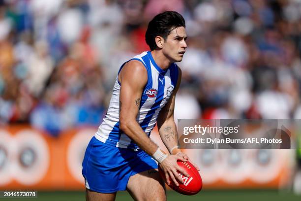 Zac Fisher of the Kangaroos in action during the 2024 AFL AAMI Community Series match between the St Kilda Saints and North Melbourne Kangaroos at...