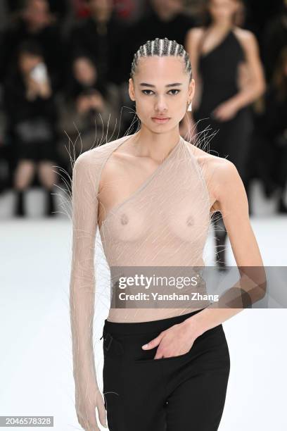 Model walks the runway during the Courrèges Womenswear Fall/Winter 2024-2025 show as part of Paris Fashion Week on February 28, 2024 in Paris, France.