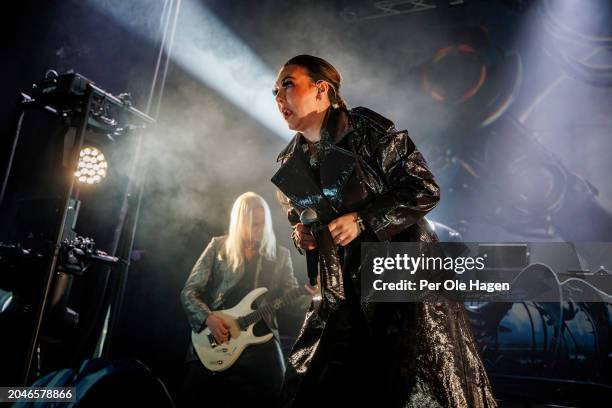 Olof Morck and Elize Ryd from Amaranthe perform on stage at Sentrum Scene on February 28, 2024 in Oslo, Norway.