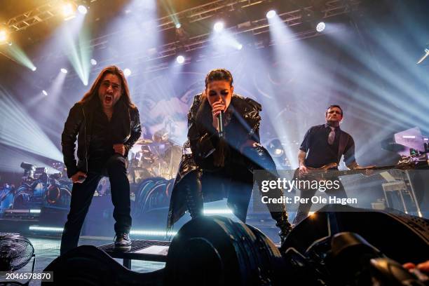 Henrik Englund, Elize Ryd and Johan Andreassen from Amaranthe perform on stage at Sentrum Scene on February 28, 2024 in Oslo, Norway.