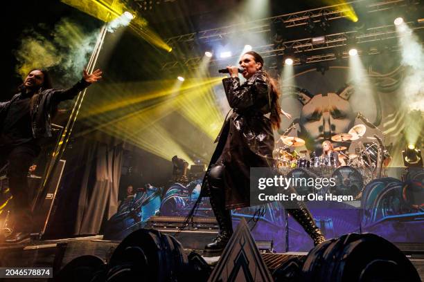Henrik Englund and Elize Ryd from Amaranthe perform on stage at Sentrum Scene on February 28, 2024 in Oslo, Norway.