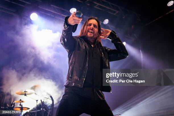 Henrik Englund from Amaranthe performs on stage at Sentrum Scene on February 28, 2024 in Oslo, Norway.