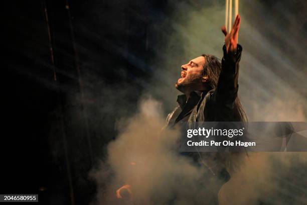 Henrik Englund from Amaranthe performs on stage at Sentrum Scene on February 28, 2024 in Oslo, Norway.