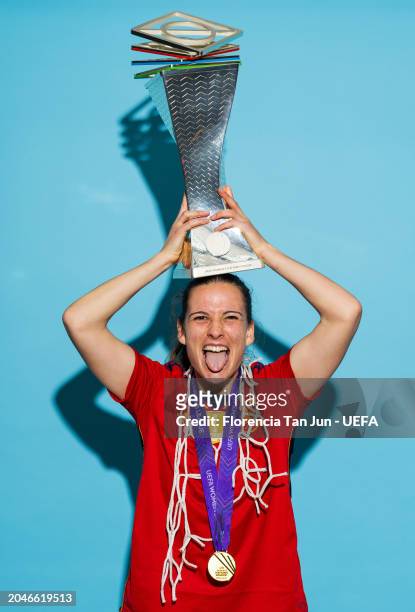 Laia Codina poses for a photo with the UEFA Women's Nations League trophy after the team's victory in the UEFA Women's Nations League 2024 Final...