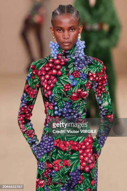 Model walks the runway during the Balmain Ready to Wear Fall/Winter 2024-2025 fashion show as part of the Paris Fashion Week on February 28, 2024 in...