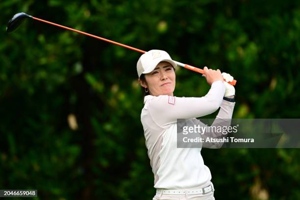 Ayaka Watanabe of Japan hits her tee shot on the 11th hole during the first round of Daikin Orchid Ladies Golf Tournament at Ryukyu Golf Club on...