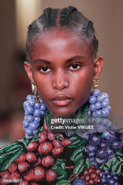 Model walks the runway during the Balmain Ready to Wear Fall/Winter 2024-2025 fashion show as part of the Paris Fashion Week on February 28, 2024 in...