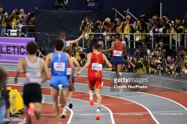 Josh Kerr is on his way to winning gold in the 3000 meters at the World Athletics Championships at the Emirates Arena in Glasgow, Scotland, on March...