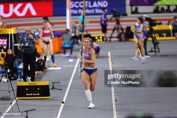 Molly Caudery from Great Britain is making a clearance in the pole vault event at the 2024 World Athletics Championships in the Emirates Arena,...