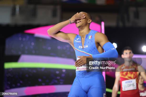 Lorenzo Ndele Simonelli is covering his eyes as he emerges for the 60m Hurdles Final at the 2024 World Athletics Championships in the Emirates Arena,...