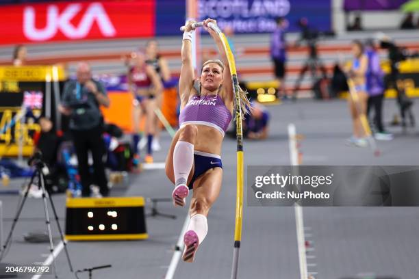 Molly Caudery from Great Britain is making a clearance in the pole vault event at the 2024 World Athletics Championships in the Emirates Arena,...