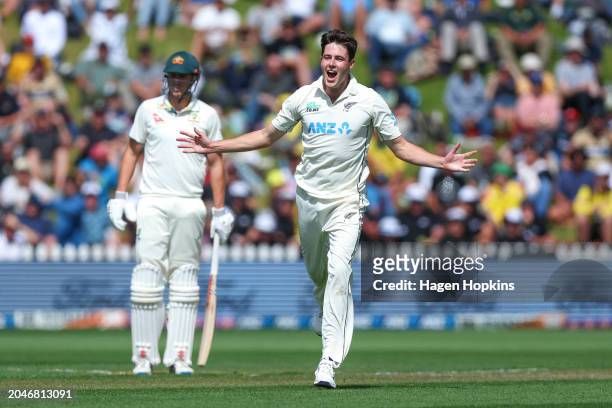 William O’Rourke of New Zealand appeals unsuccessfully for the wicket of Mitchell Marsh of Australia during day one of the First Test in the series...