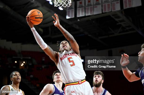 DeShawn Harris-Smith of the Maryland Terrapins drives to the basket in the second half against the Northwestern Wildcats at Xfinity Center on...