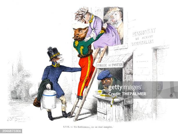ilustraciones, imágenes clip art, dibujos animados e iconos de stock de zorro, gallina, mono, perro - el secuestro: litografía coloreada a mano por grandville, "les metamorphoses du jour" 1842 - burlesco