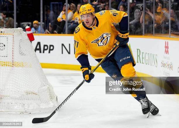 Michael McCarron of the Nashville Predators skates against the Ottawa Senators during an NHL game at Bridgestone Arena on February 27, 2024 in...