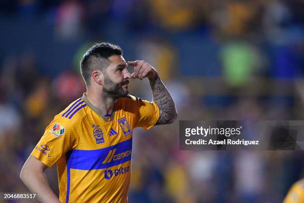 Andre-Pierre Gignac of Tigres celebrates after scoring the team's first goal during the 9th round match between Tigres UANL and FC Juarez as part of...